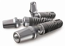 Precision stainless steel dental implant components and screws arranged on white background.