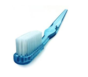 Blue and white toothbrush with bristles displayed against white background