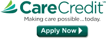 CareCredit logo with tagline and "Apply Now" button for healthcare financing