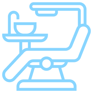 Dental chair icon with overhead light and equipment in blue outline style.