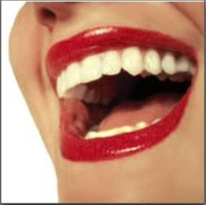 Close-up of woman's smiling mouth with bright red lipstick and white teeth against neutral background.