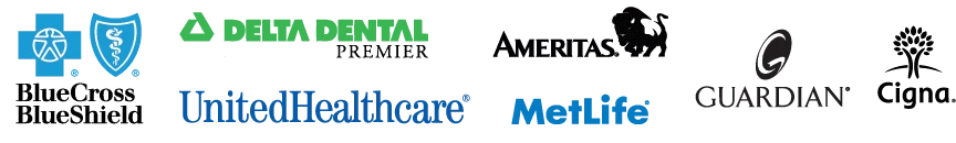 Logo collection of major health insurance and dental providers including Blue Cross, UnitedHealthcare, Metlife, and Cigna.