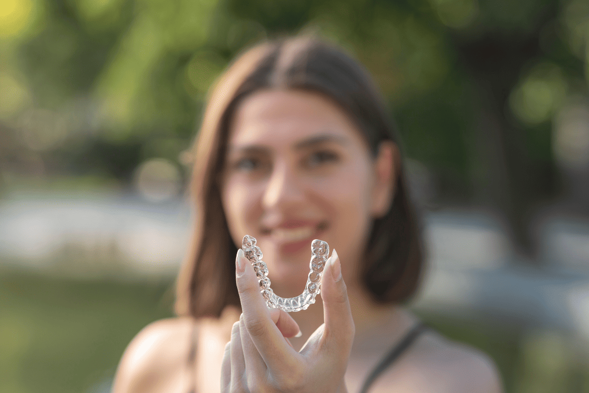 Woman holding clear aligner tray outdoors, demonstrating Invisalign treatment option.